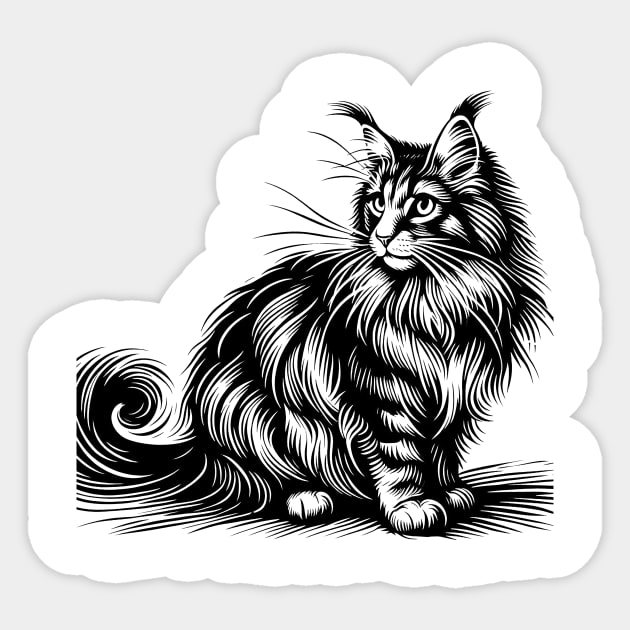 Stick figure of Maine Coon cat in black ink Sticker by WelshDesigns